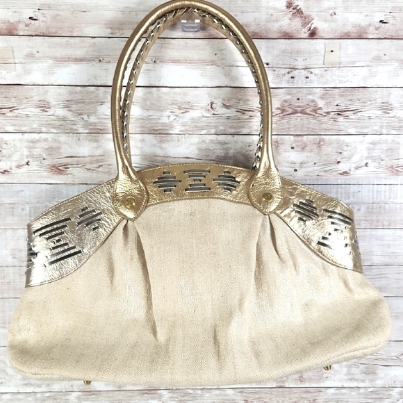 Nicole Miller Handbags - Nicole Miller, Large Elegant Gold and Cream Women's Handbag with feet.